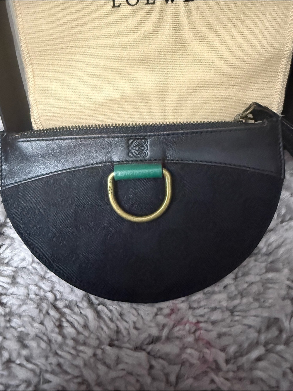 LOEWE Black Half-Moon Mini Pouch with Green D-Ring Accent